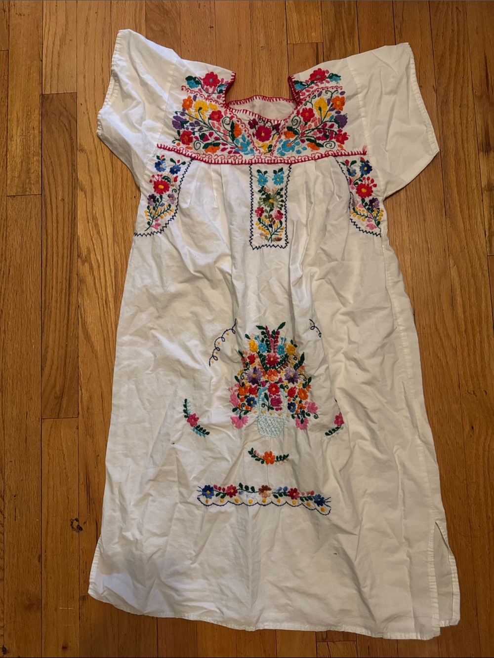 White Embroidered Midi Dress with Multicolor Floral Detail